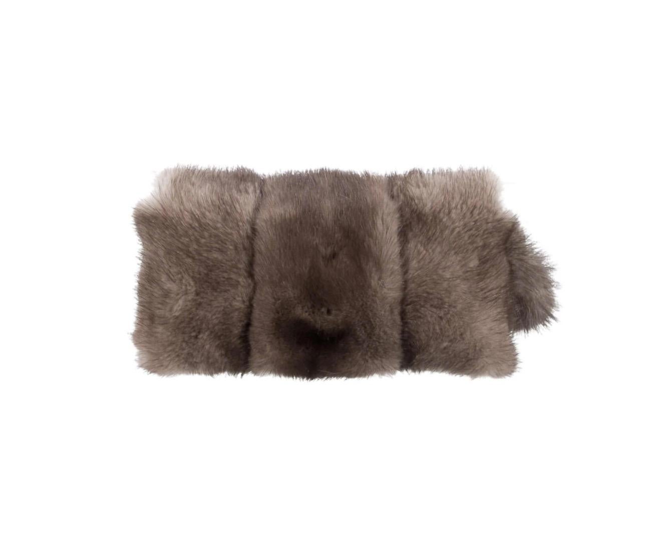 Mink fur
Faux pearl
Silver tone hardware
Suede lining
Flap closure 
Handle drop 5