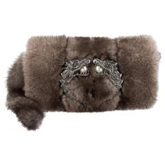 Gucci Taupe Tan Fur Pearl Small Evening Handle Wristlet Clutch Bag