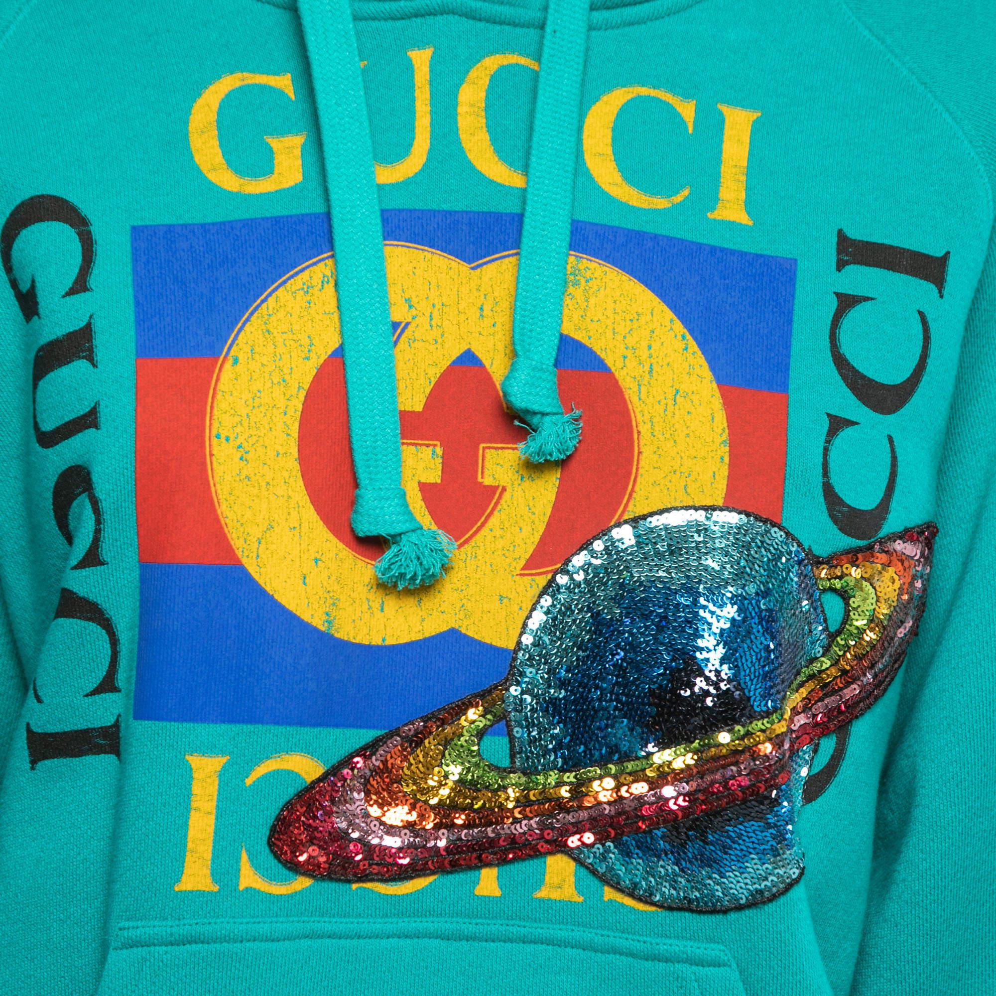 Gucci Teal Blue Cotton Planet Sequined Hooded Sweatshirt XS In New Condition For Sale In Dubai, Al Qouz 2