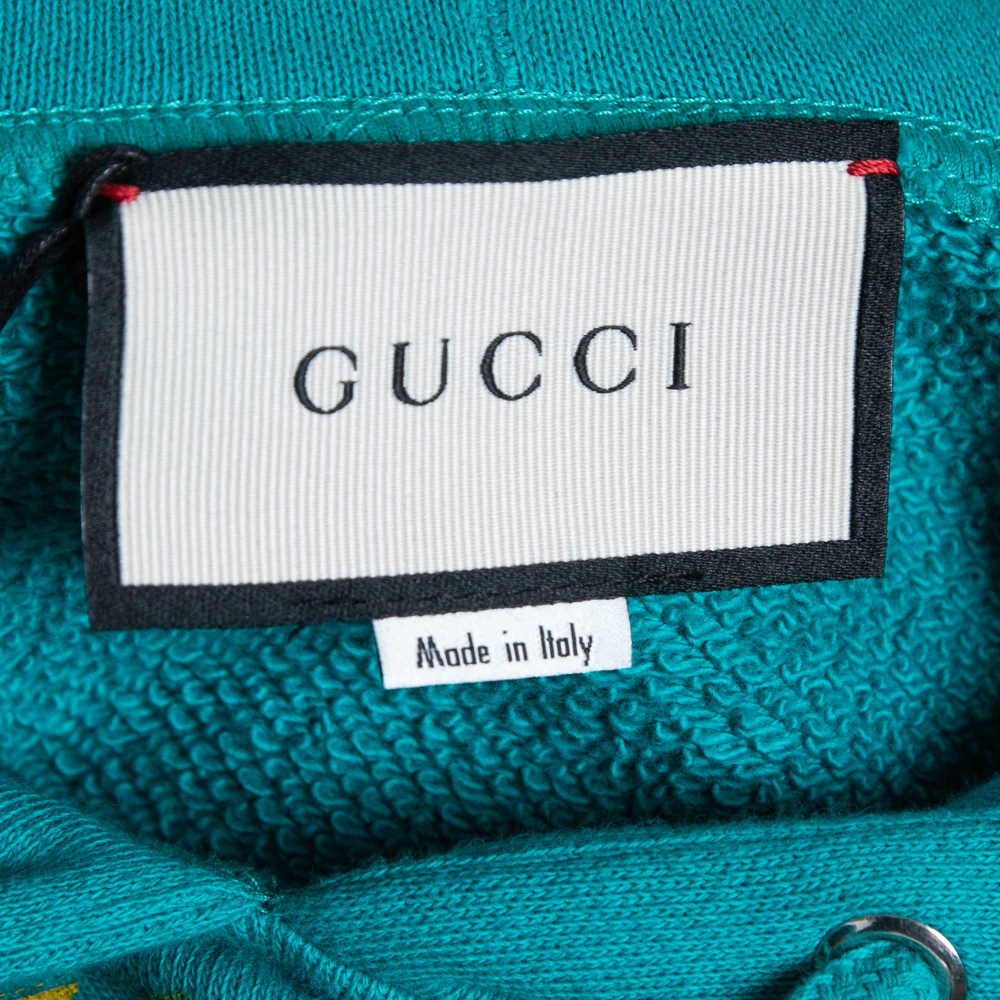 Women's Gucci Teal Blue Cotton Planet Sequined Hooded Sweatshirt XS For Sale