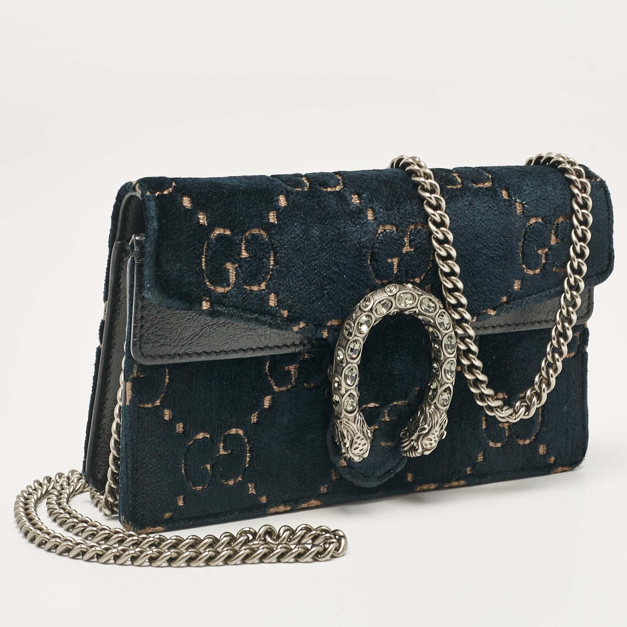 Gucci Teal Blue GG Velvet and Leather Super Mini Dionysus Crossbody Bag In Good Condition In Dubai, Al Qouz 2