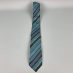 GUCCI Teal Blue Green Striped Cotton / Silk Skinny Tie
