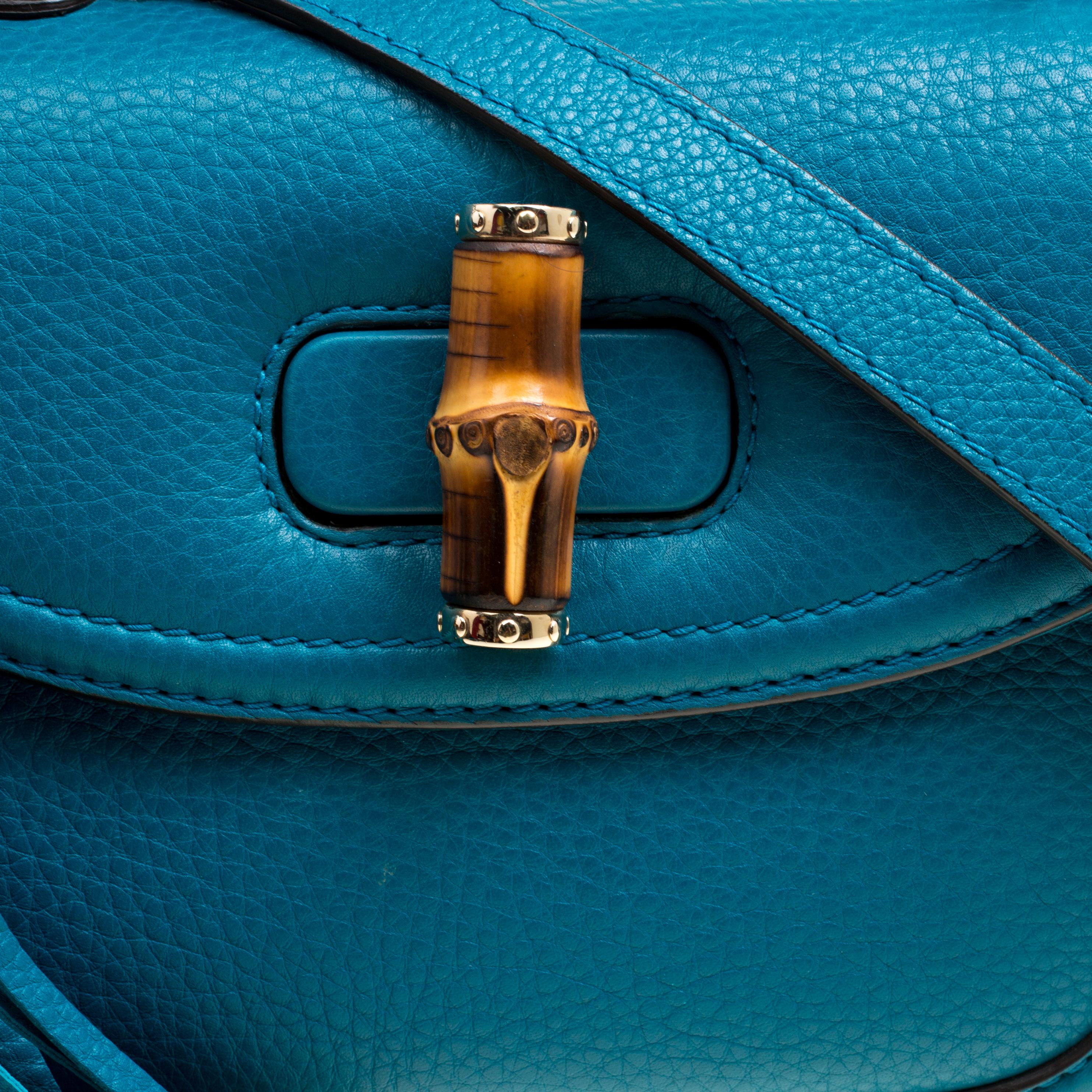 Gucci Teal Blue Leather Tassel New Bamboo Top Handle Bag 7
