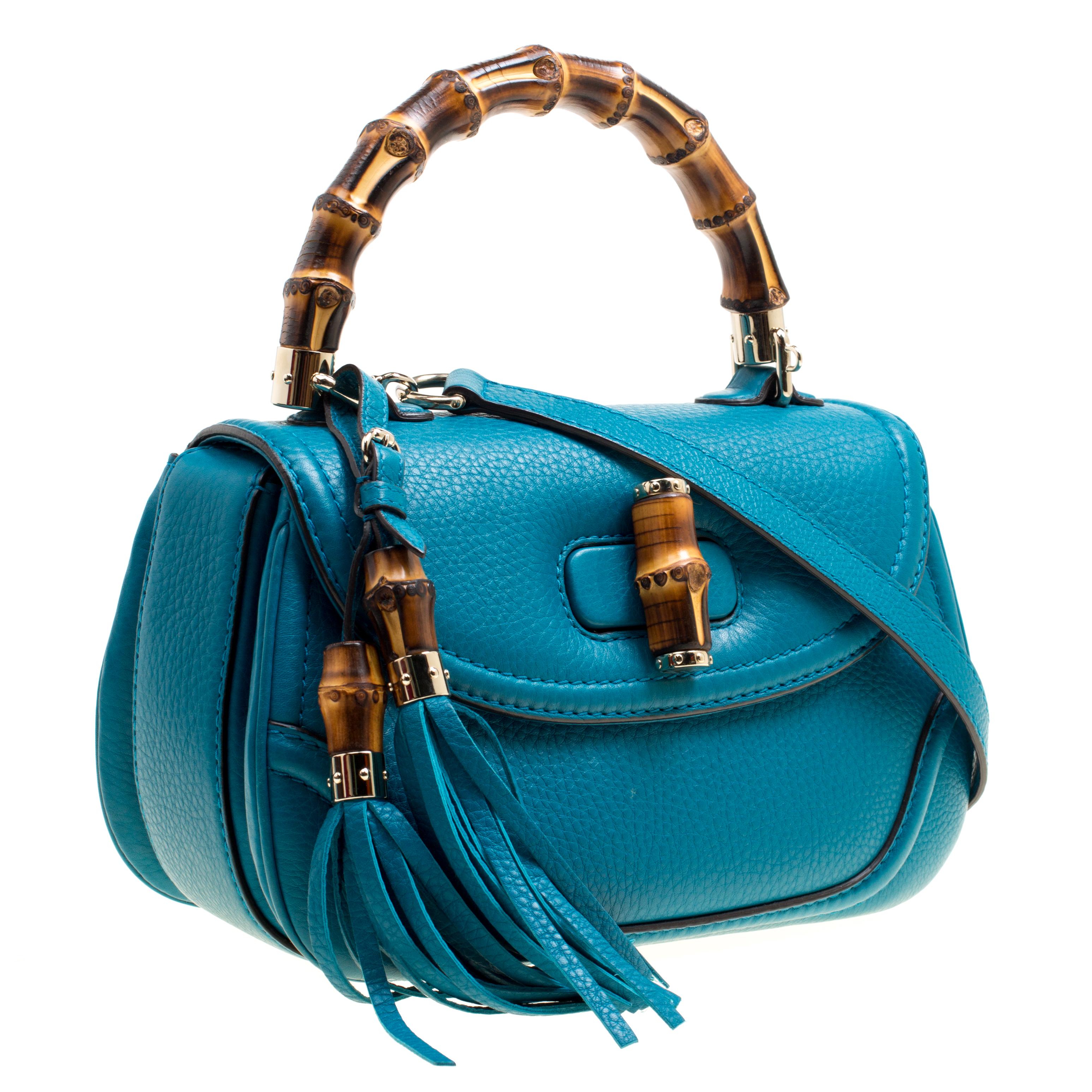 Gucci Teal Blue Leather Tassel New Bamboo Top Handle Bag In Excellent Condition In Dubai, Al Qouz 2