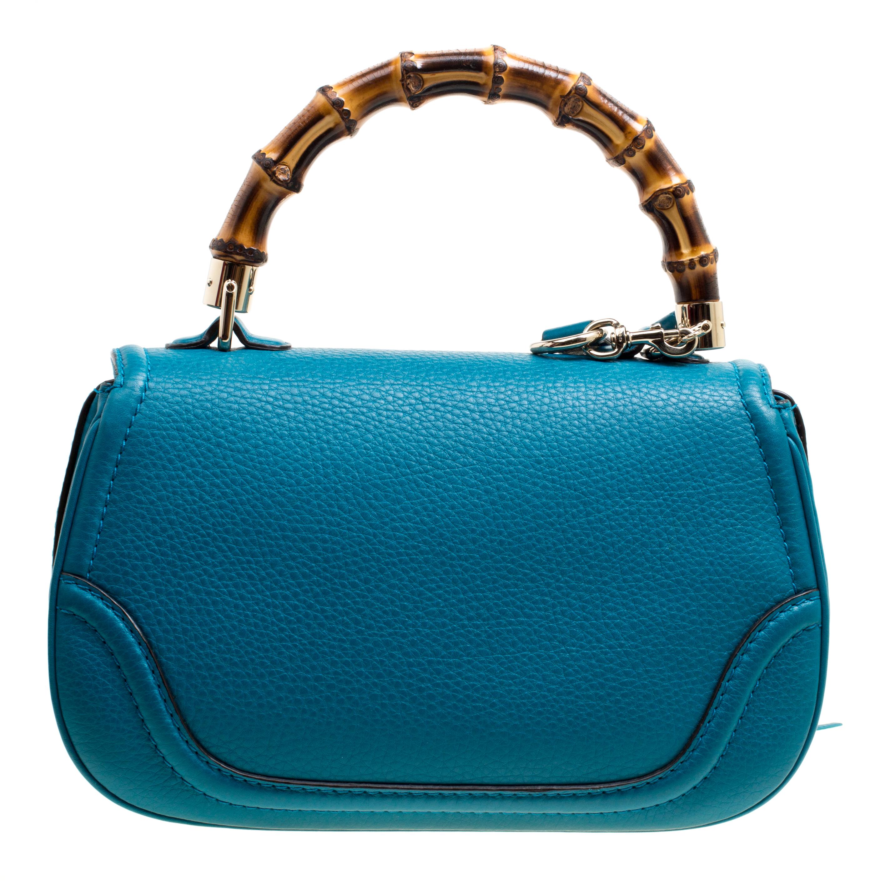 Women's Gucci Teal Blue Leather Tassel New Bamboo Top Handle Bag