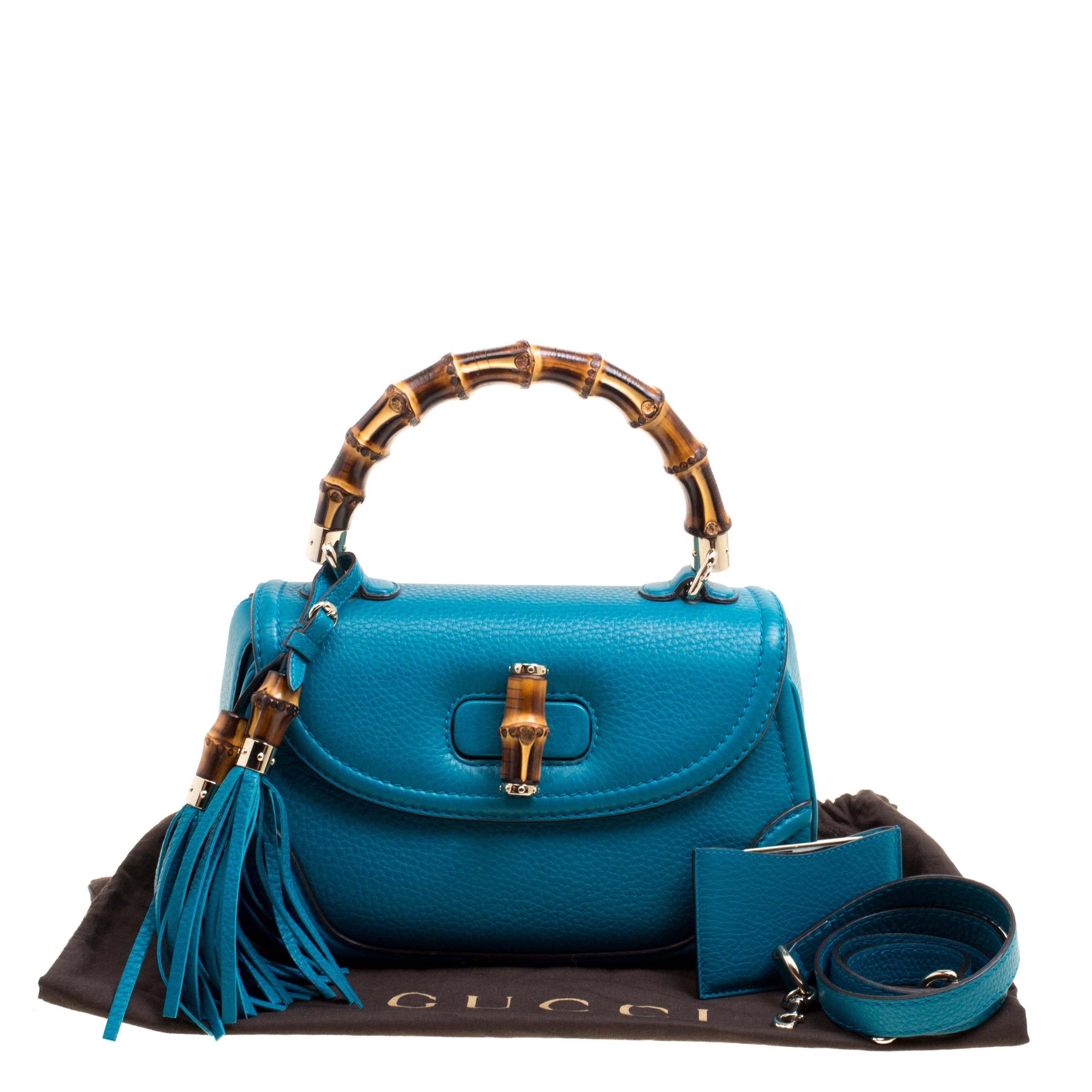 Gucci Teal Blue Leather Tassel New Bamboo Top Handle Bag 3