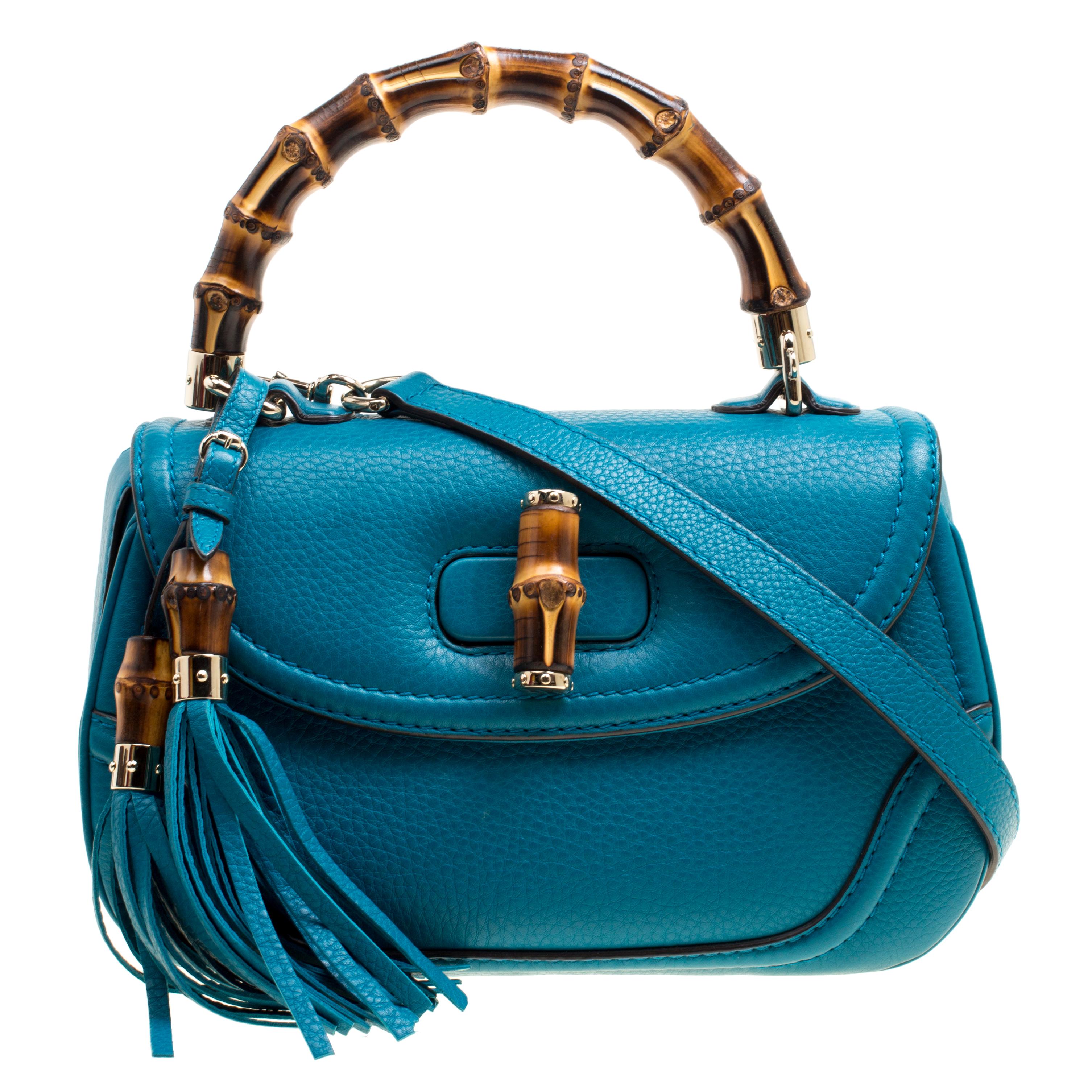 Gucci Teal Blue Leather Tassel New Bamboo Top Handle Bag