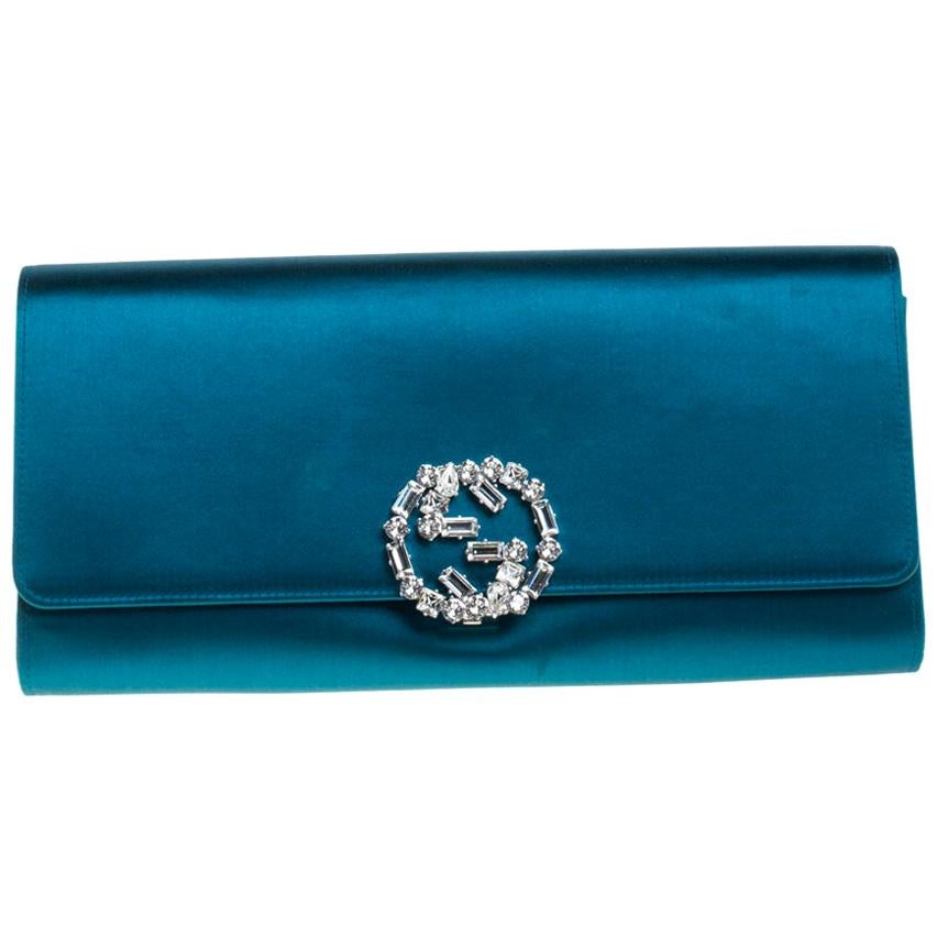 Gucci Teal Blue Satin Crystal Embellished Interlocking G Broadway Clutch