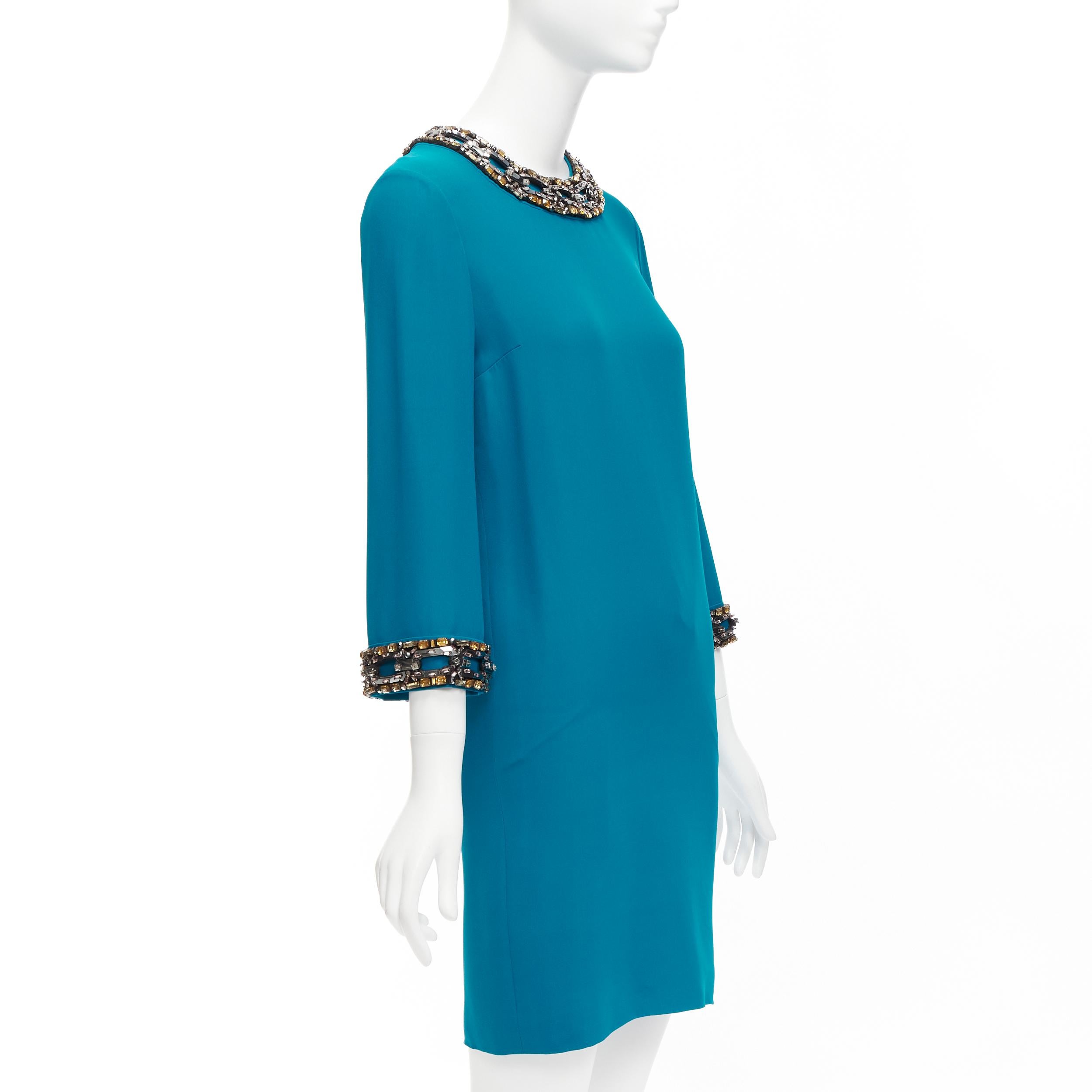GUCCI teal blueyellow silver crystal chunky chain embellishment shift dress IT40 In Excellent Condition For Sale In Hong Kong, NT