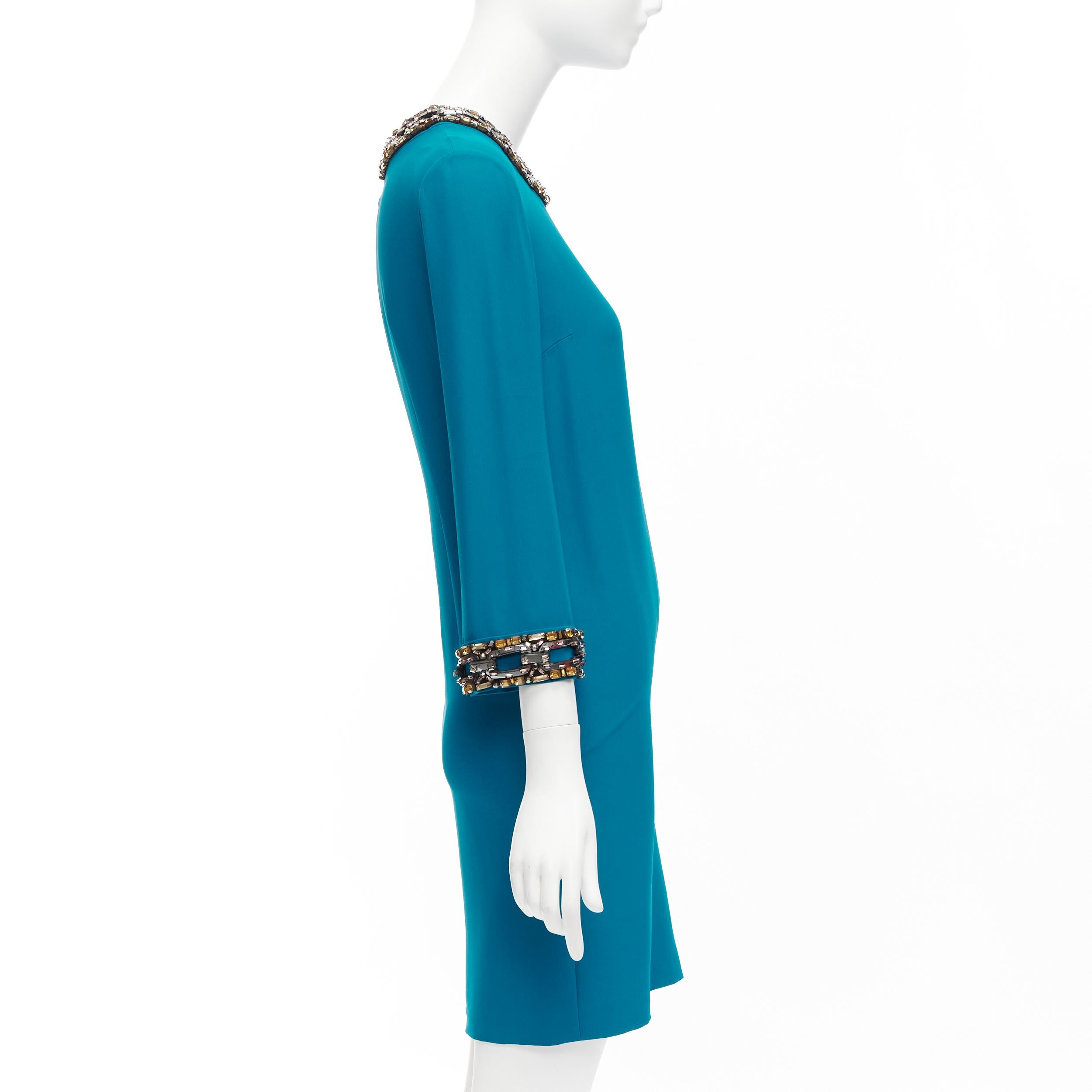 GUCCI teal blueyellow silver crystal chunky chain embellishment shift dress IT40 In Excellent Condition In Hong Kong, NT