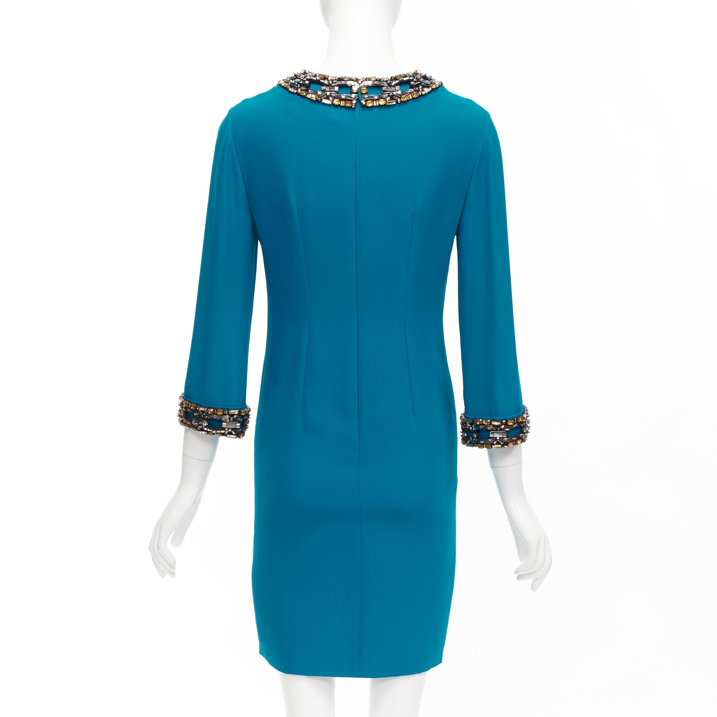 GUCCI teal blueyellow silver crystal chunky chain embellishment shift dress IT40 For Sale 1