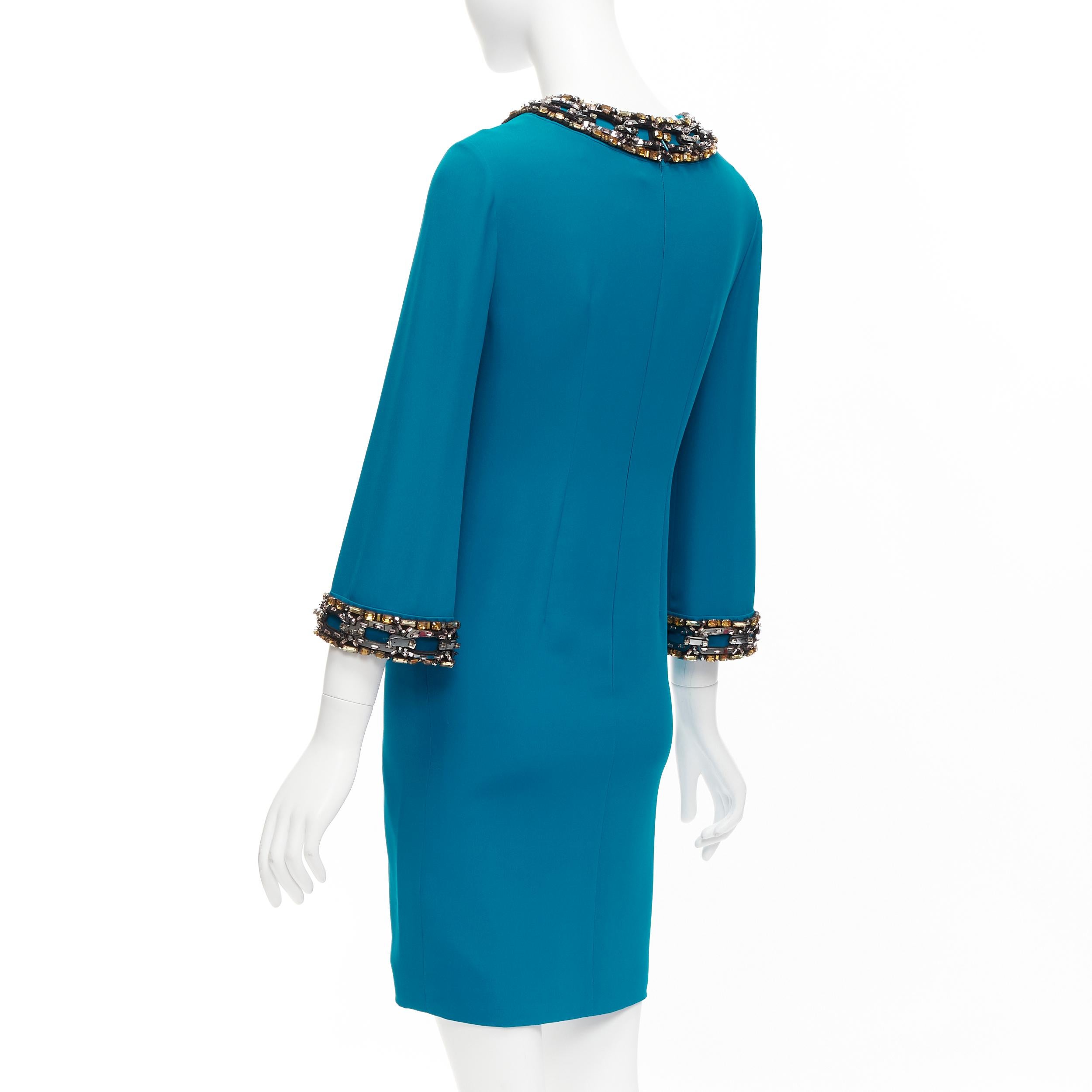 GUCCI teal blueyellow silver crystal chunky chain embellishment shift dress IT40 For Sale 2