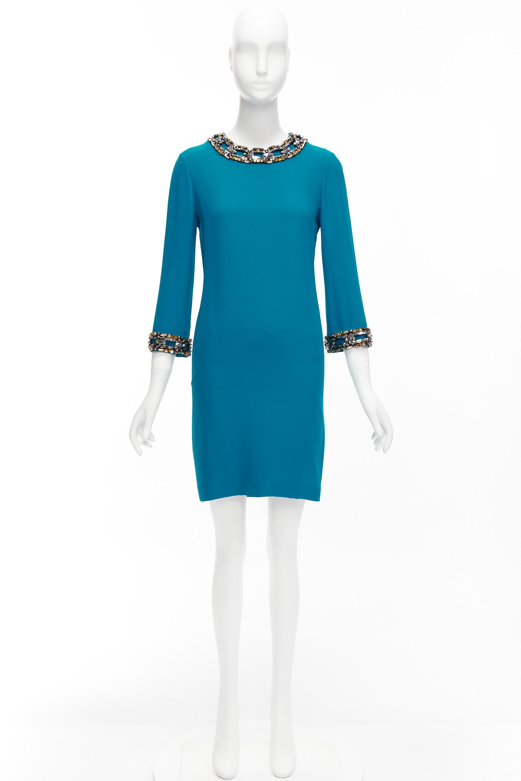 GUCCI teal blueyellow silver crystal chunky chain embellishment shift dress IT40 4