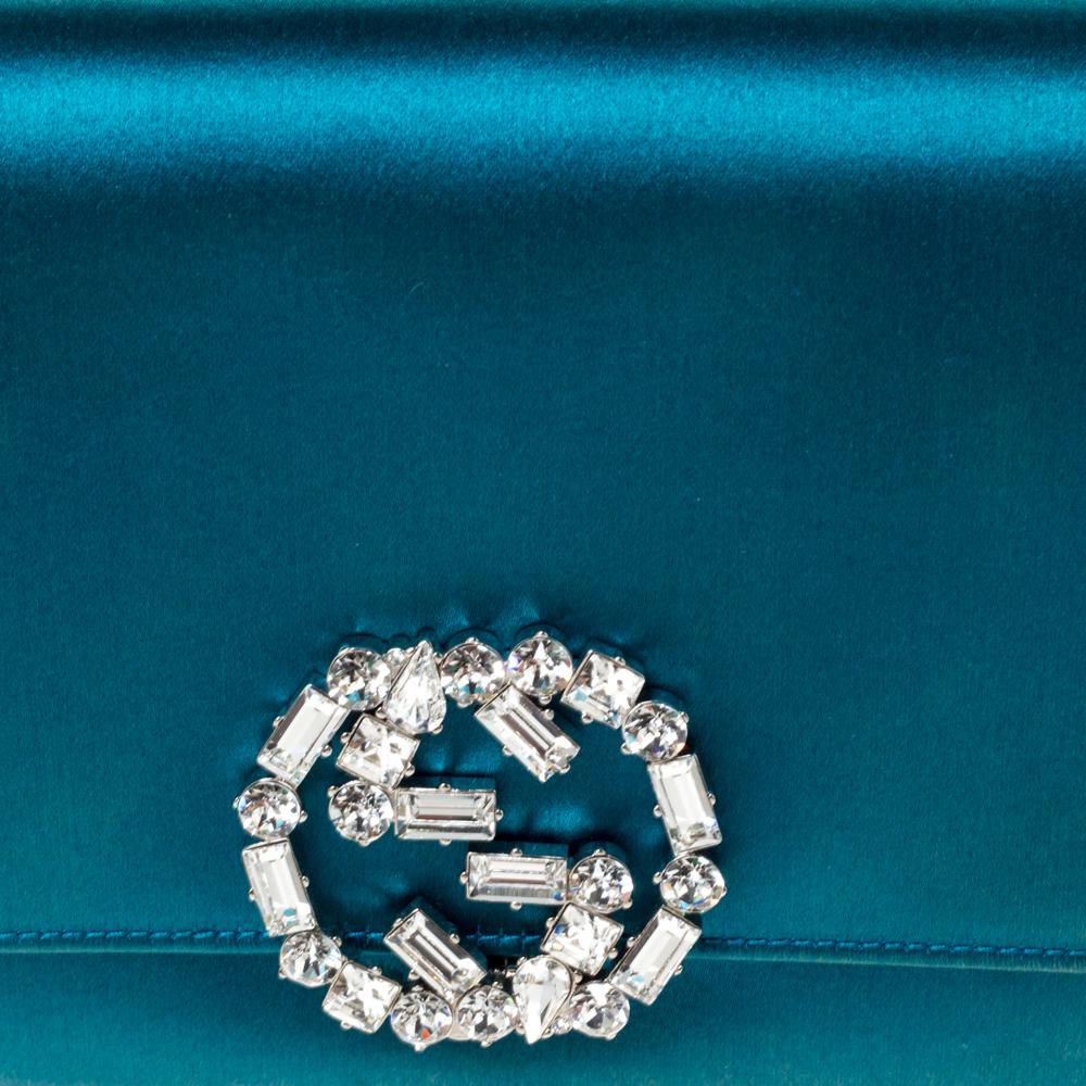 Blue Gucci Teal Crystal Embellished Satin Interlocking G Broadway Clutch