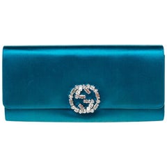 Gucci Teal Crystal Embellished Satin Interlocking G Broadway Clutch