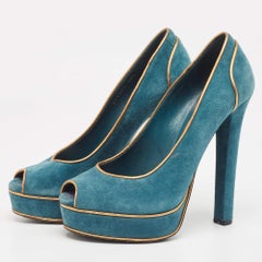 Gucci Teal/Gold Suede Peep Toe Platform Pumps Size 38.5
