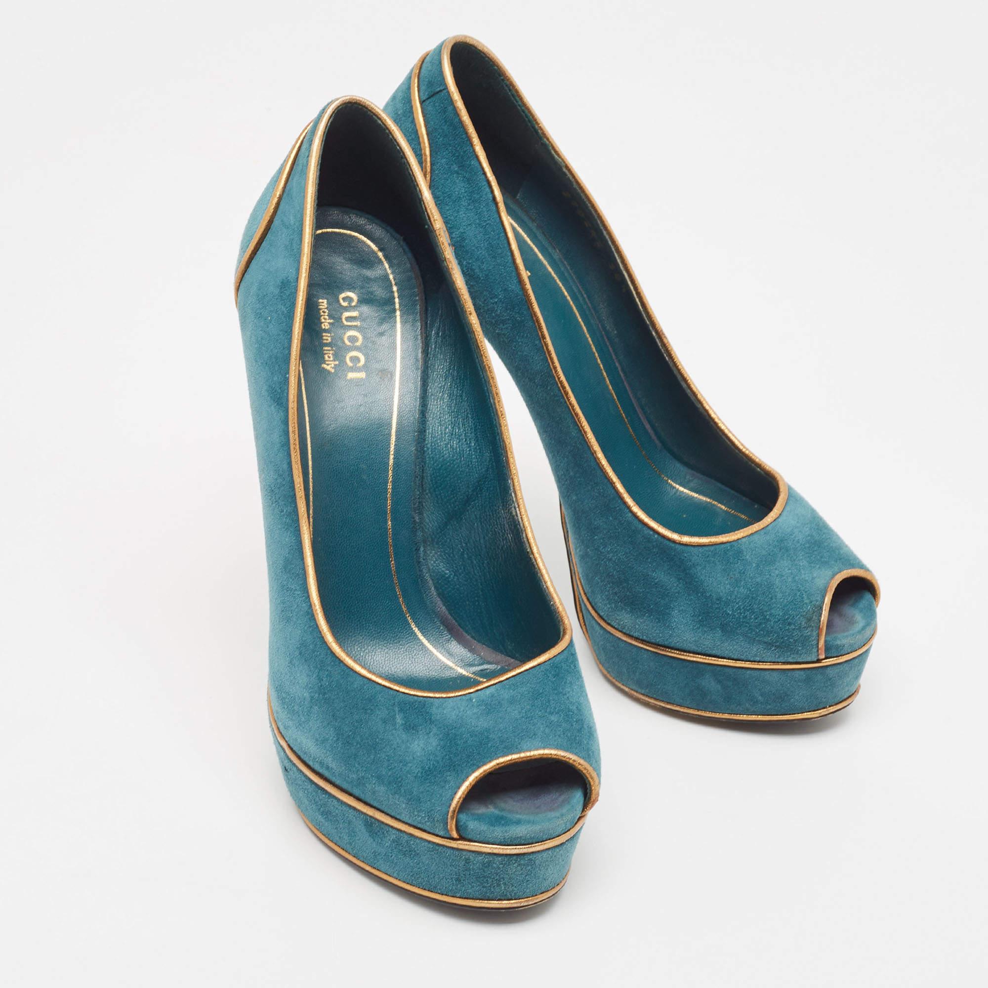 Women's Gucci Teal/Gold Suede Peep Toe Platform Pumps Size 38.5