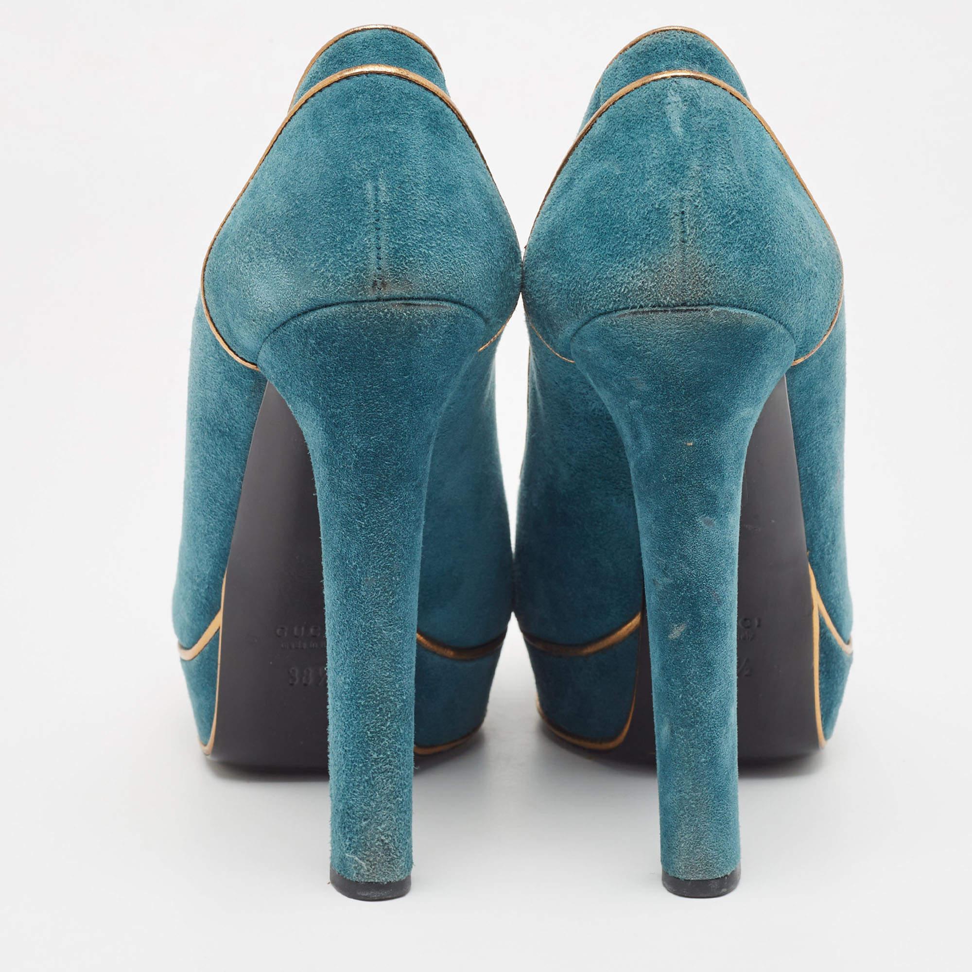 Gucci Teal/Gold Suede Peep Toe Platform Pumps Size 38.5 1