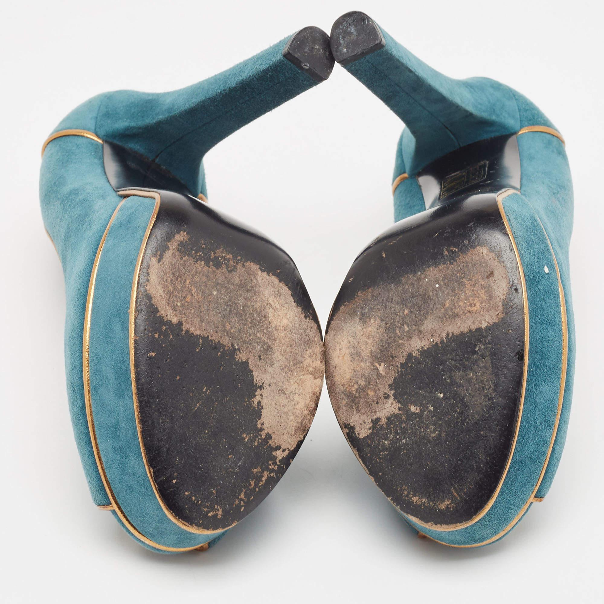 Gucci Teal/Gold Suede Peep Toe Platform Pumps Size 38.5 2