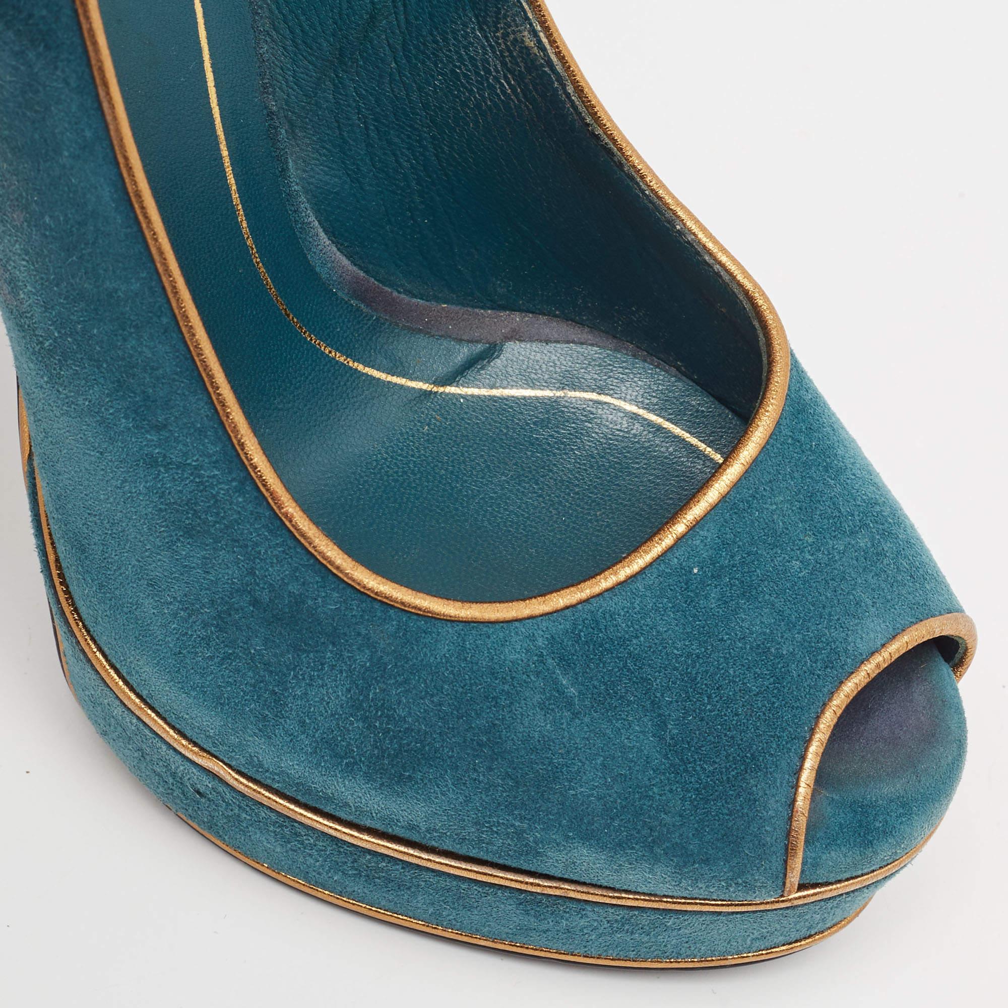 Gucci Teal/Gold Suede Peep Toe Platform Pumps Size 38.5 4