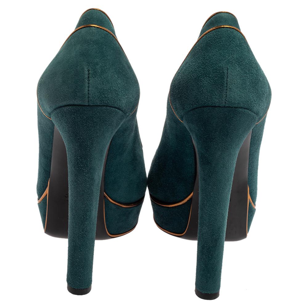 Black Gucci Teal Green Gold Leather Piping Detail Peep Toe Platform Pumps Size 39.5