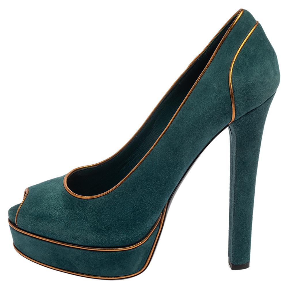 Women's Gucci Teal Green Gold Leather Piping Detail Peep Toe Platform Pumps Size 39.5