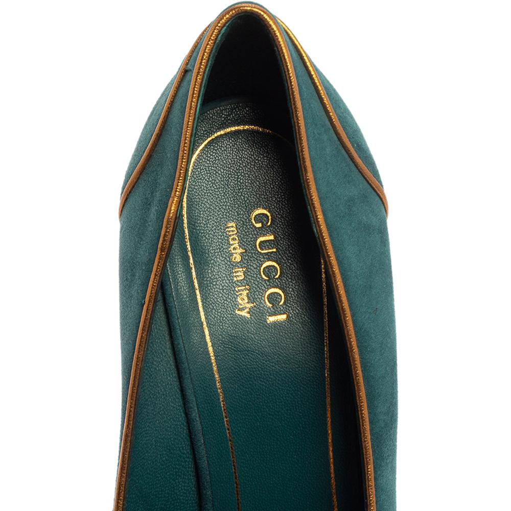 Gucci Teal Green Gold Leather Piping Detail Peep Toe Platform Pumps Size 39.5 1