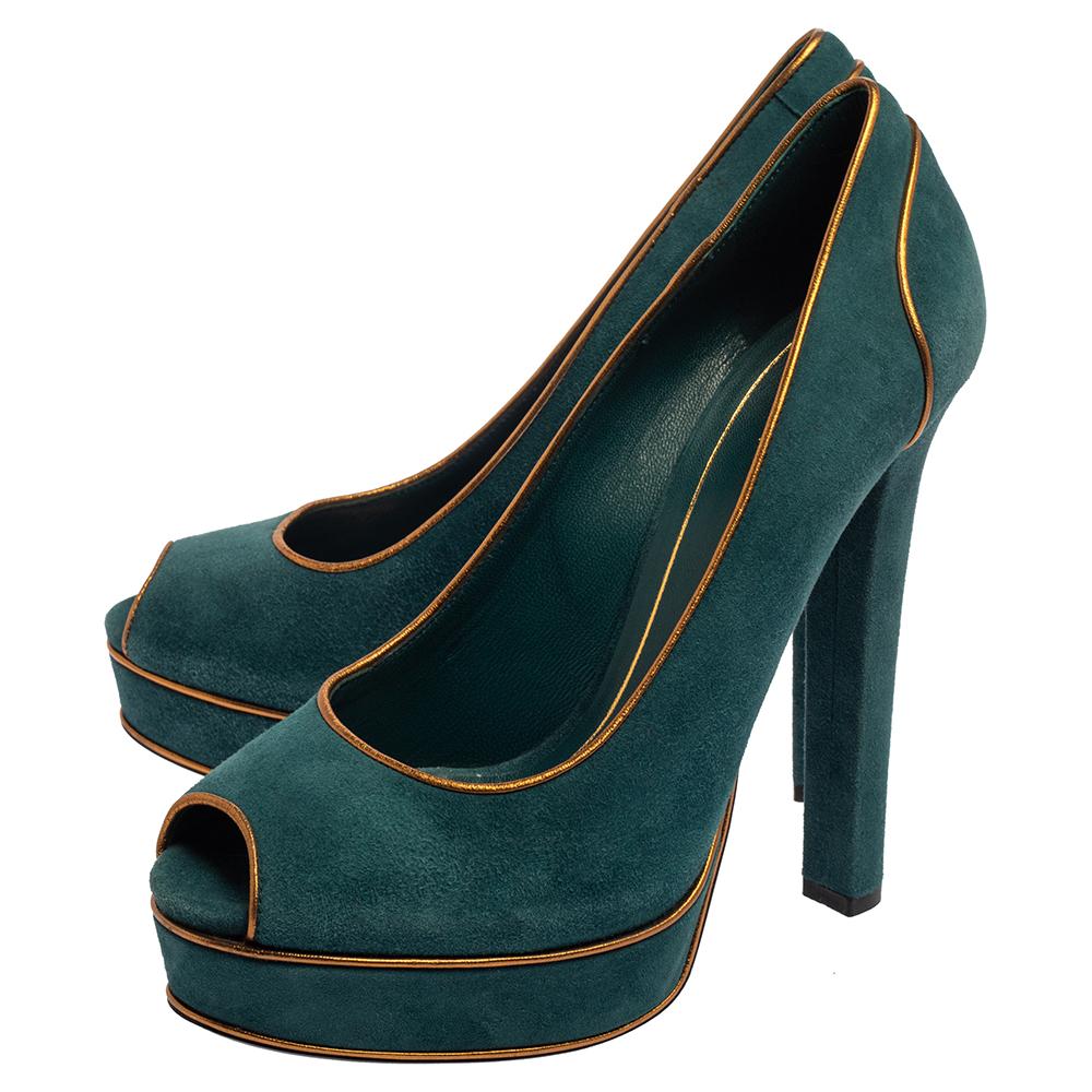Gucci Teal Green Gold Leather Piping Detail Peep Toe Platform Pumps Size 39.5 2