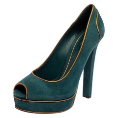 Gucci Teal Green Gold Leather Piping Detail Peep Toe Platform Pumps Size 39.5 Gucci Teal Green Gold Leather Piping Detail Peep Toe Platform Pumps Size 39.5