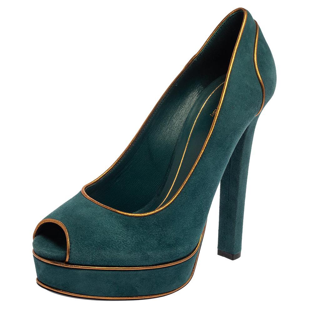 Gucci Teal Green Gold Leather Piping Detail Peep Toe Platform Pumps Size 39.5
