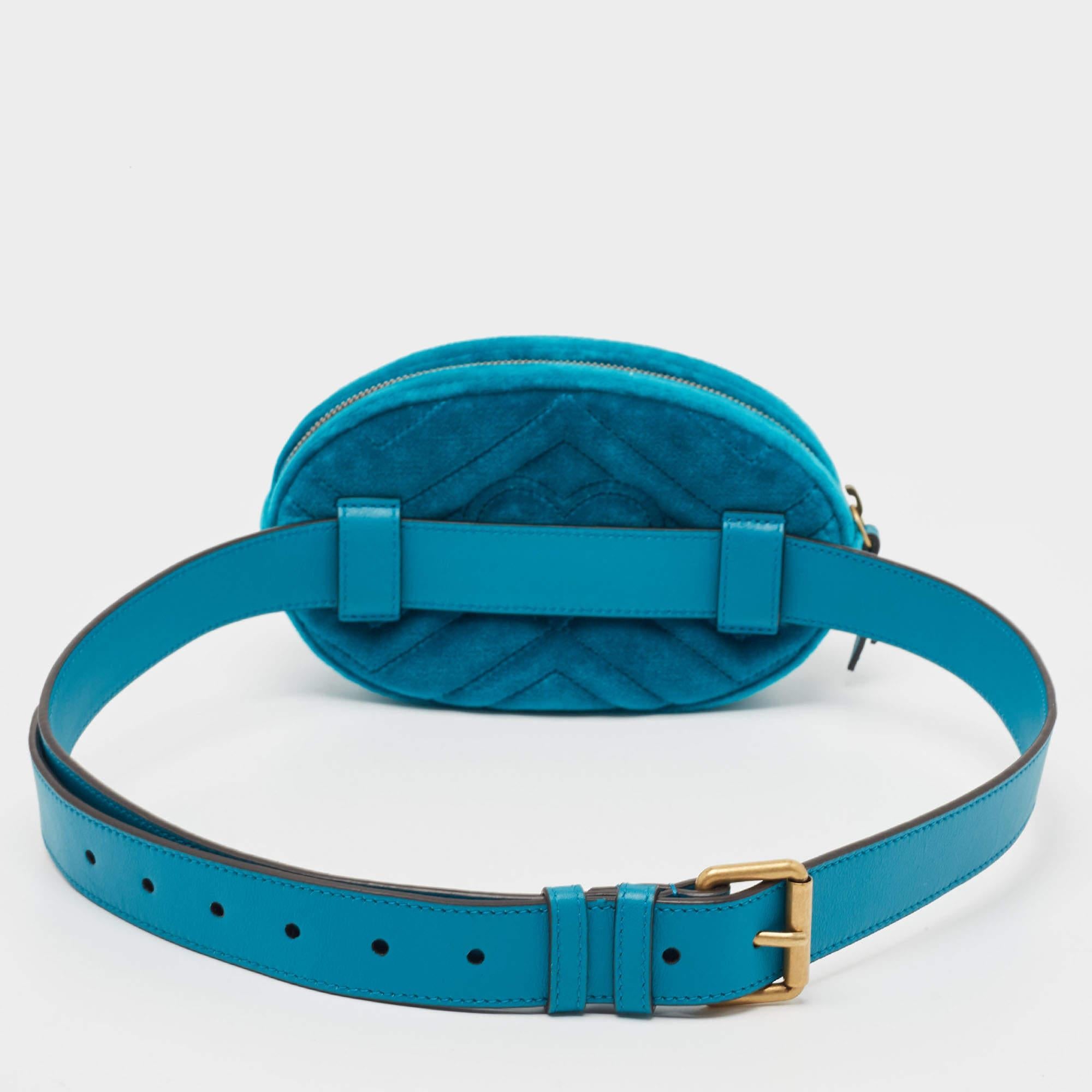 Gucci Teal Green Matelassé Velvet GG Marmont Belt Bag 6