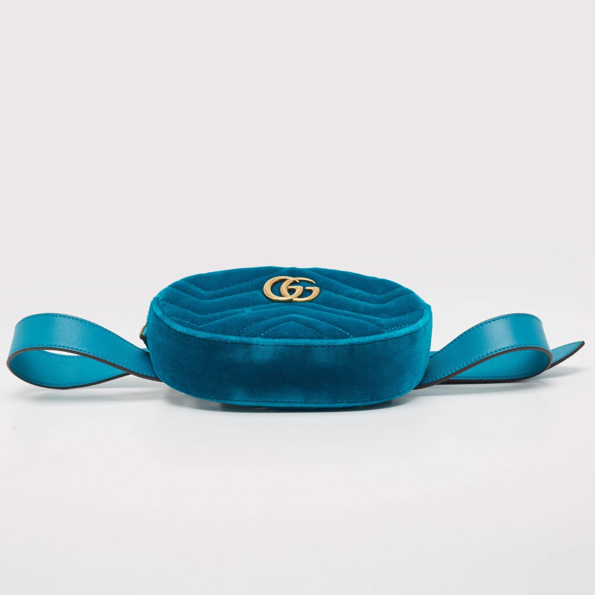 Gucci Teal Green Matelassé Velvet GG Marmont Belt Bag For Sale 7