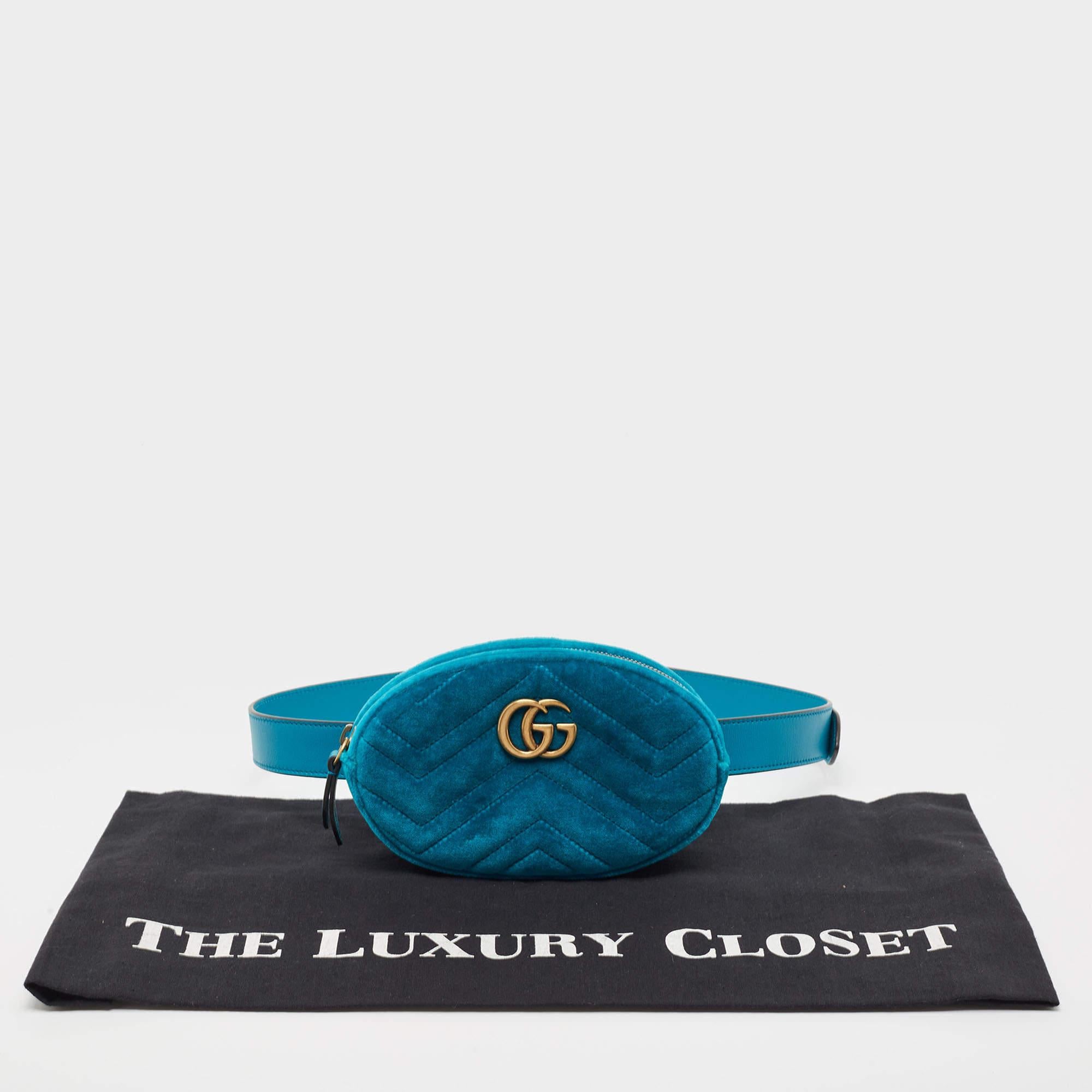 Gucci Teal Green Matelassé Velvet GG Marmont Belt Bag 8