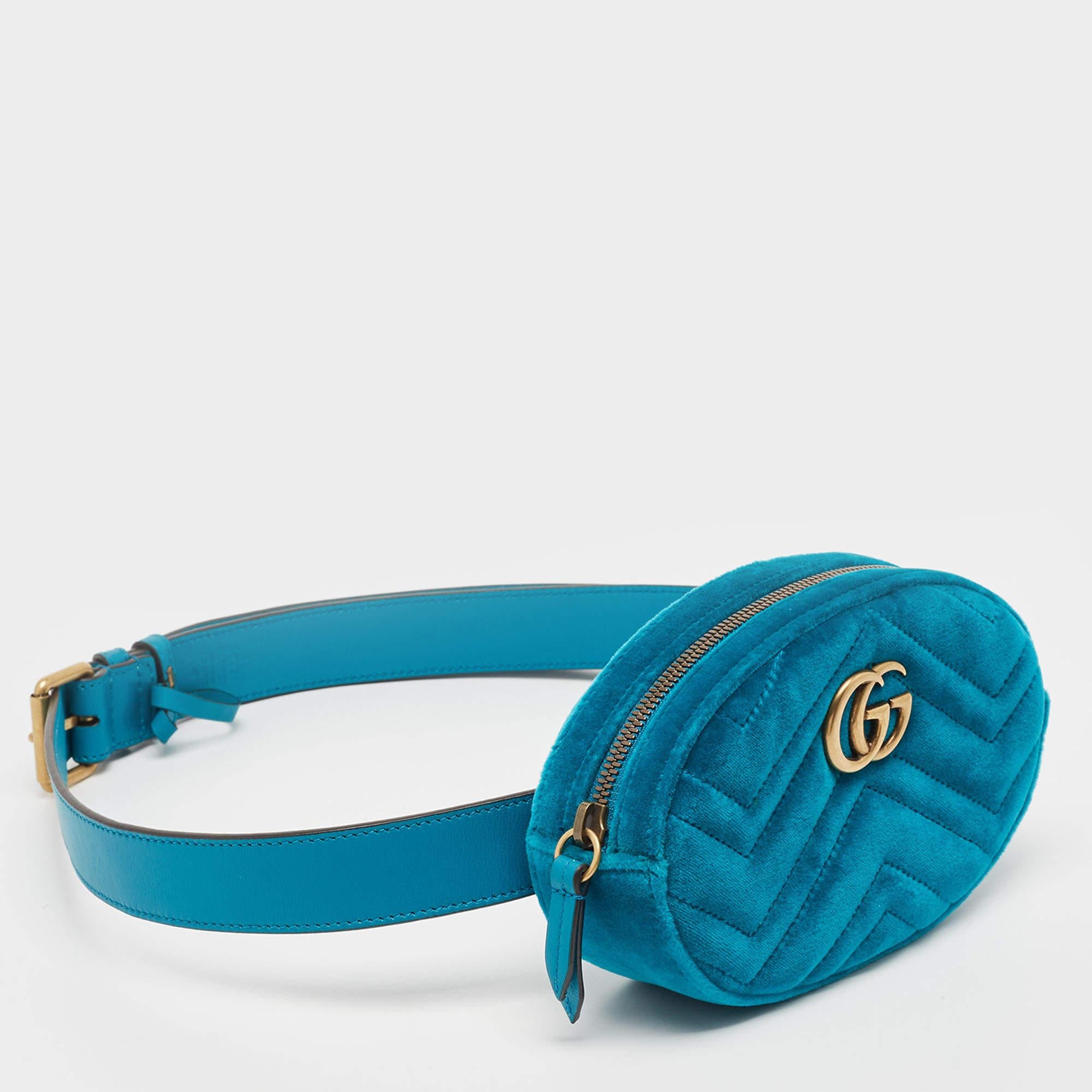 Gucci Teal Green Matelassé Velvet GG Marmont Belt Bag In Excellent Condition In Dubai, Al Qouz 2