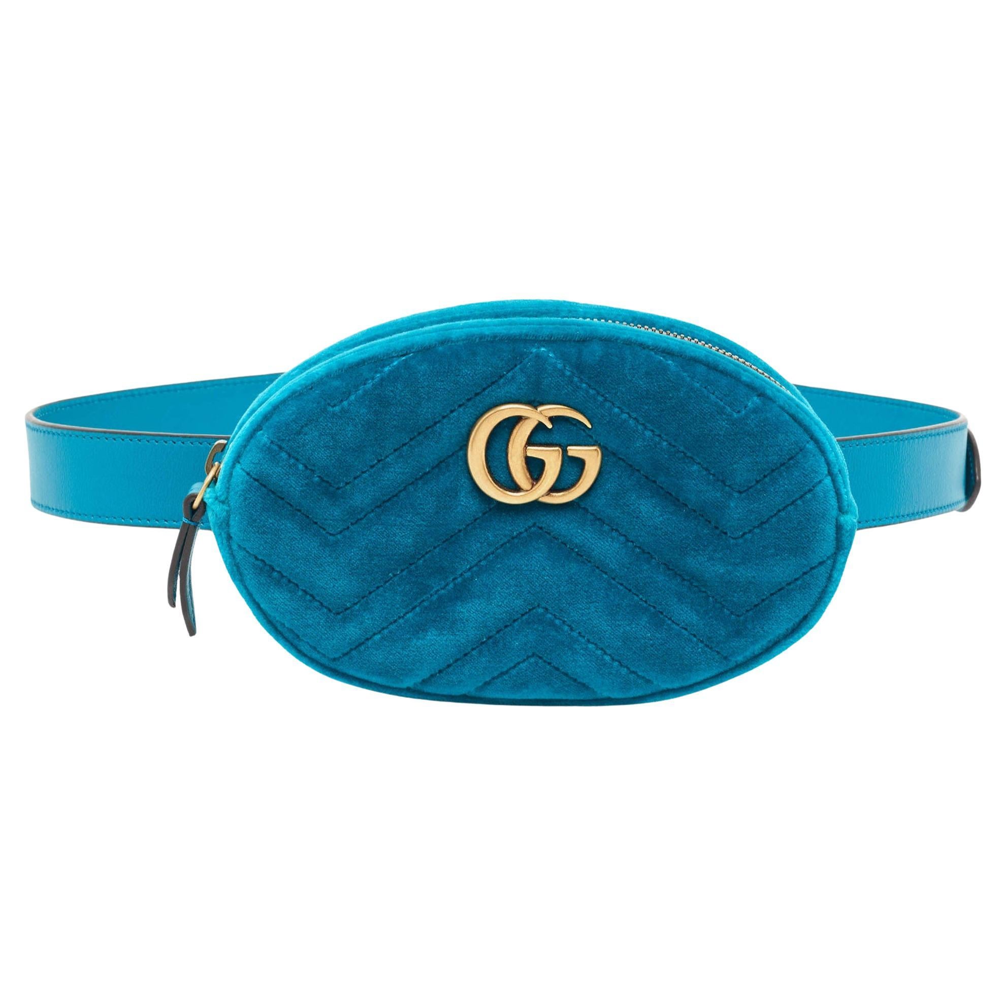 Gucci Teal Green Matelassé Velvet GG Marmont Belt Bag For Sale