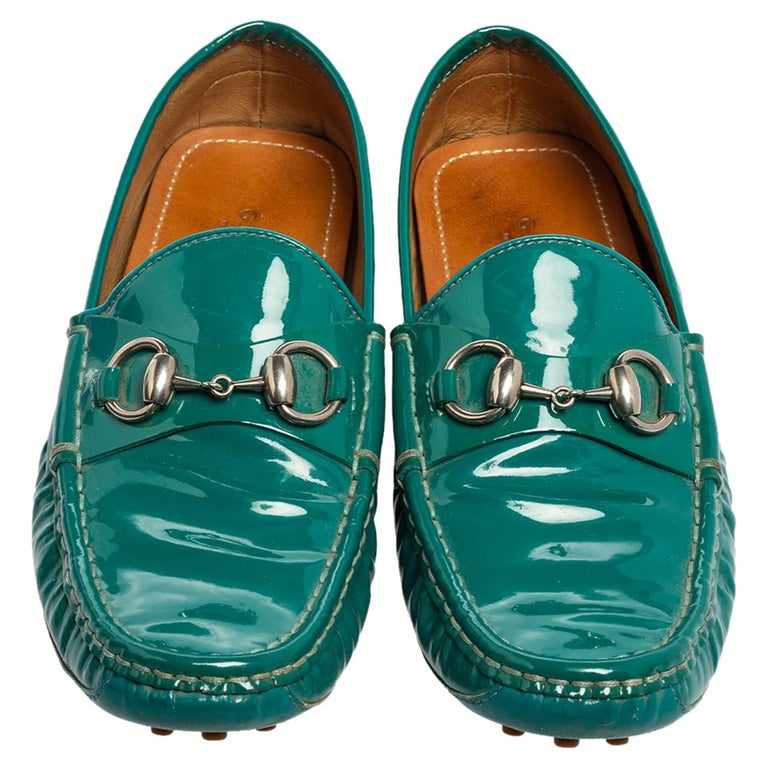 Gucci Teal Green Patent Leather Horsebit Driver Loafers Size 36 For Sale at  1stDibs
