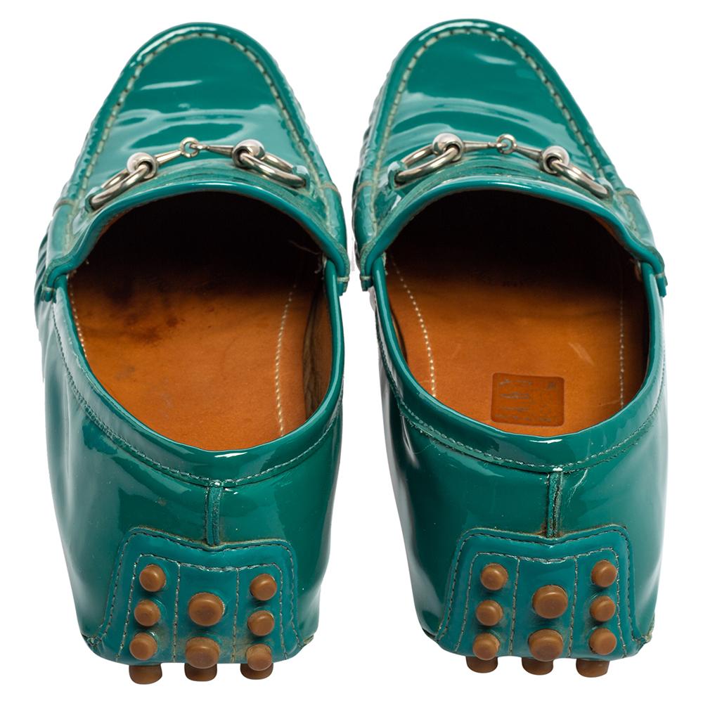 Women's Gucci Teal Green Patent Leather Horsebit Driver Loafers Size 36 For Sale