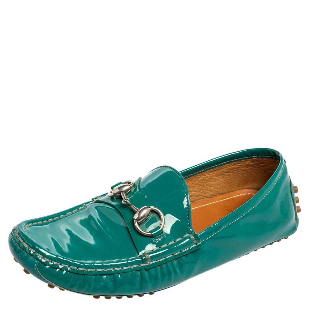 Gucci Teal Green Patent Leather Horsebit Driver Loafers Size 36 For Sale 1