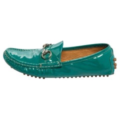 Gucci Teal Green Patent Leather Horsebit Driver Loafers Size 36