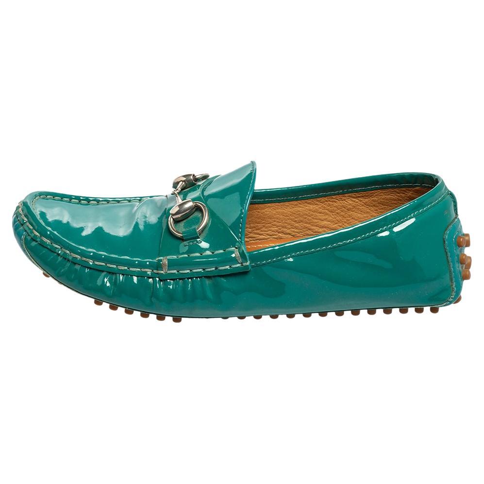 Gucci Teal Green Patent Leather Horsebit Driver Loafers Size 36 For Sale