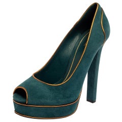 Gucci Teal Green Suede And Gold Leather Piping Detail Peep Toe Pumps Size 39.5