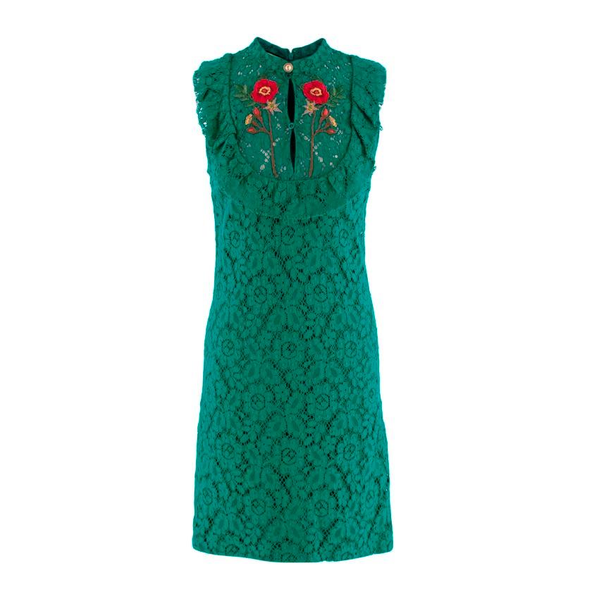 Gucci Teal Lace Floral Embroidered Shift Dress For Sale