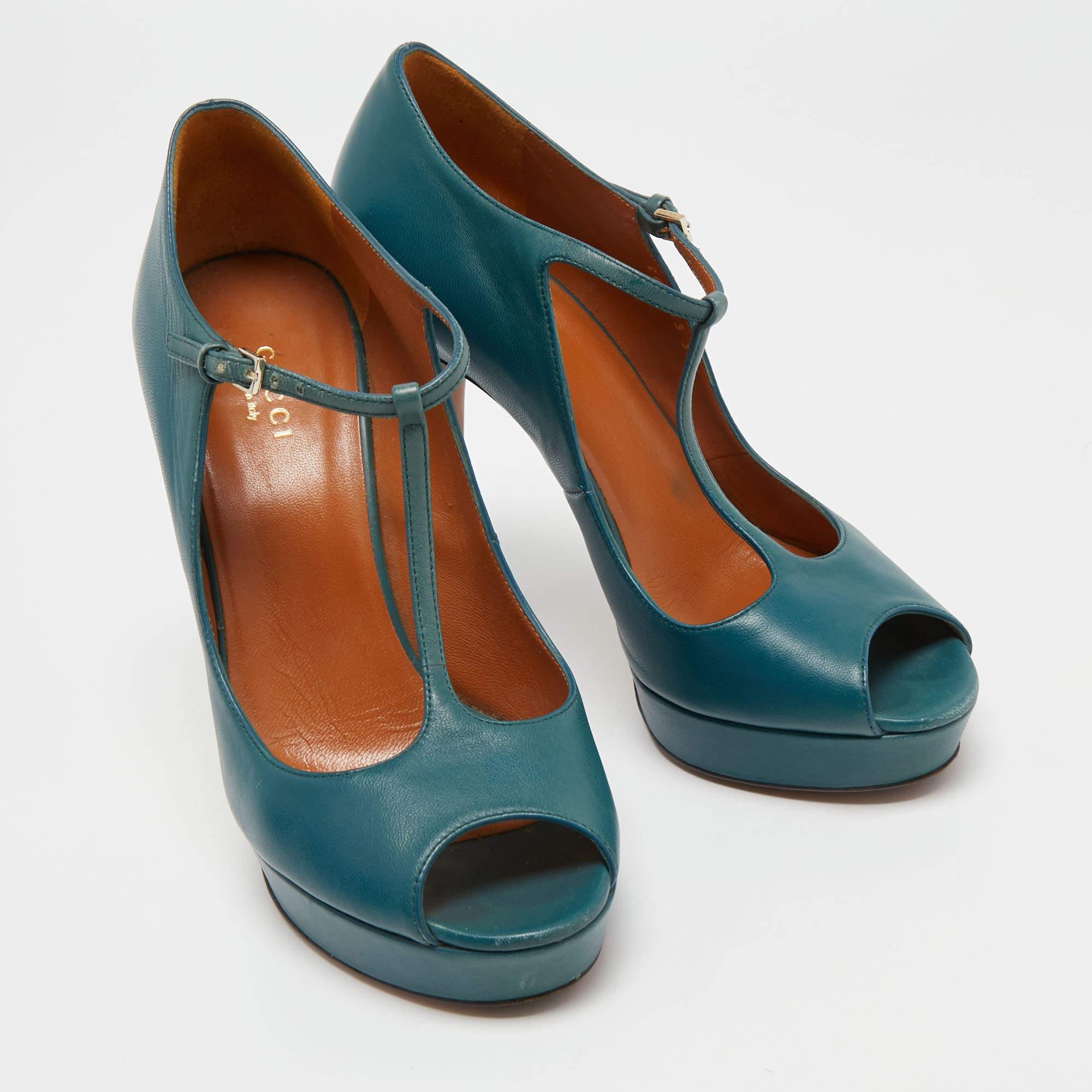 Women's Gucci Teal Leather Betty T-Strap Platform Pumps Size 38 For Sale