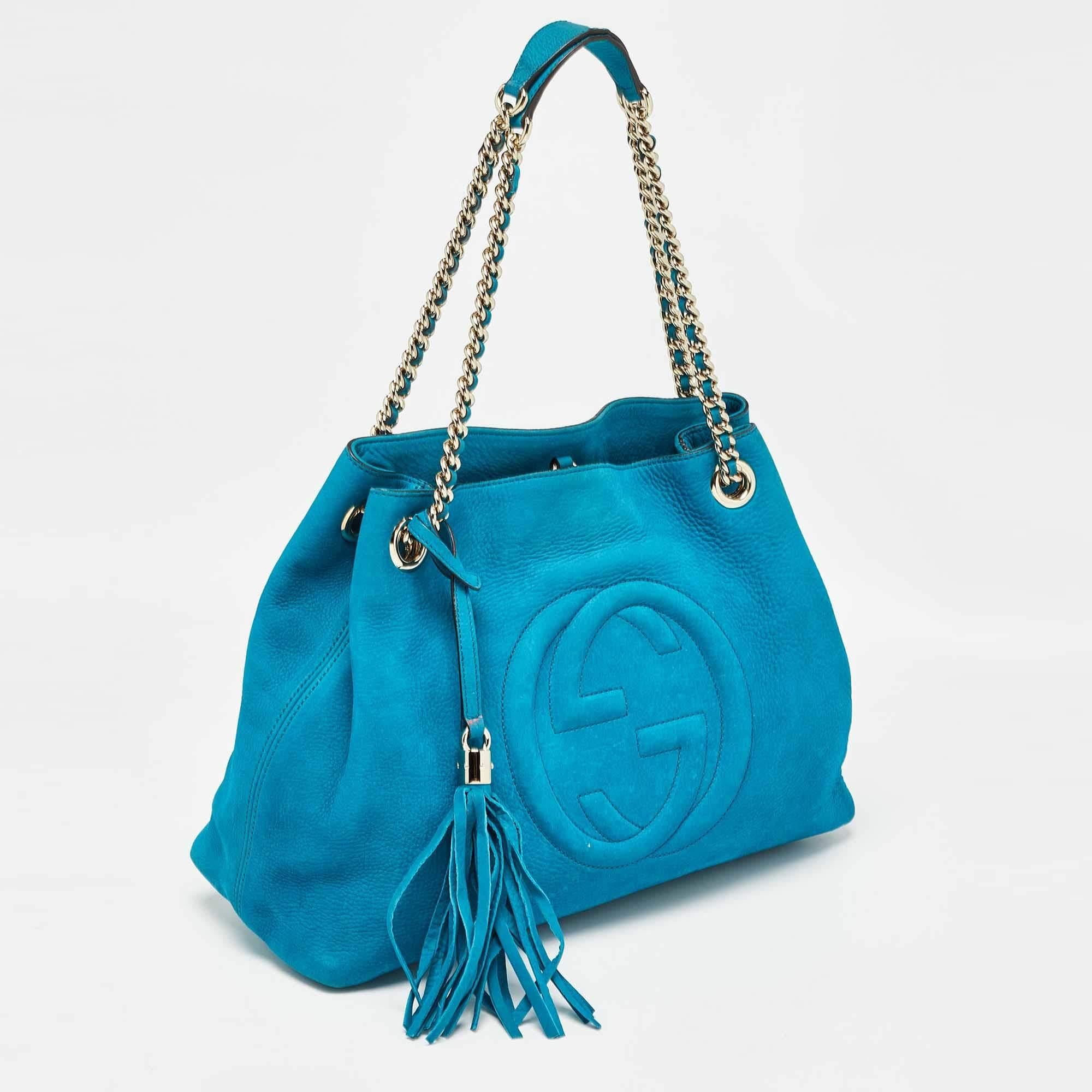Blue Gucci Teal Nubuck Leather Medium Soho Chain Tote