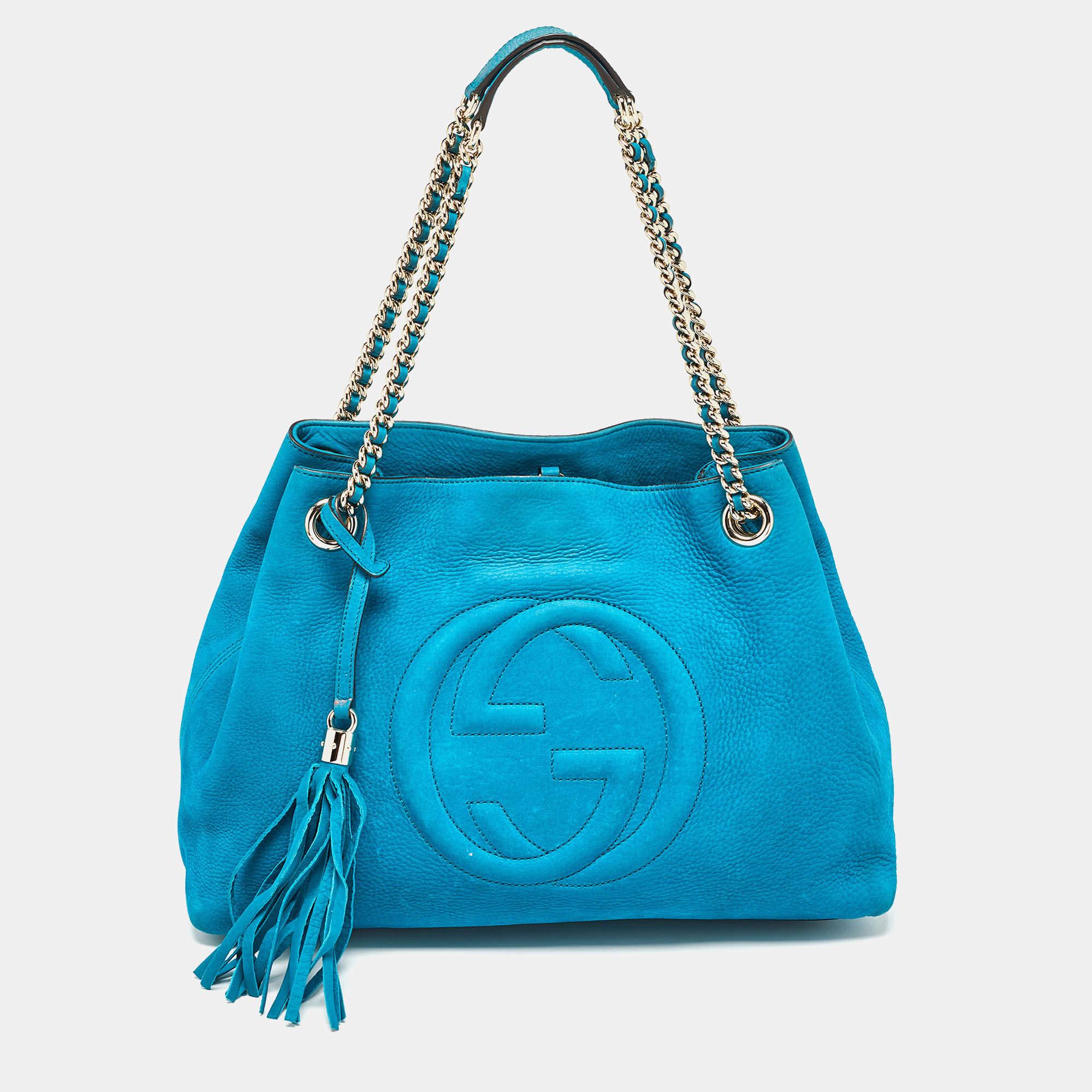 Gucci Teal Nubuck Leather Medium Soho Chain Tote In Good Condition In Dubai, Al Qouz 2