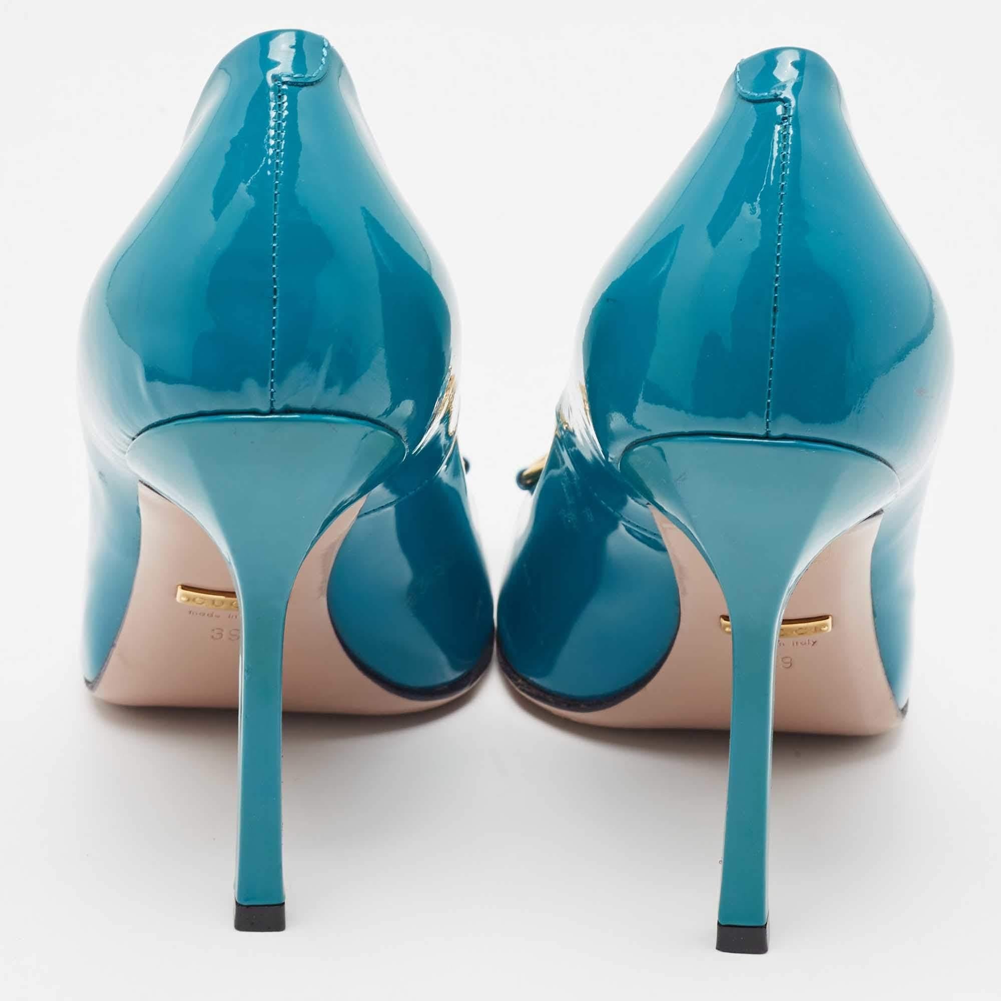 Blue Gucci Teal Patent Leather Horsebit Peep Toe Pumps Size 39