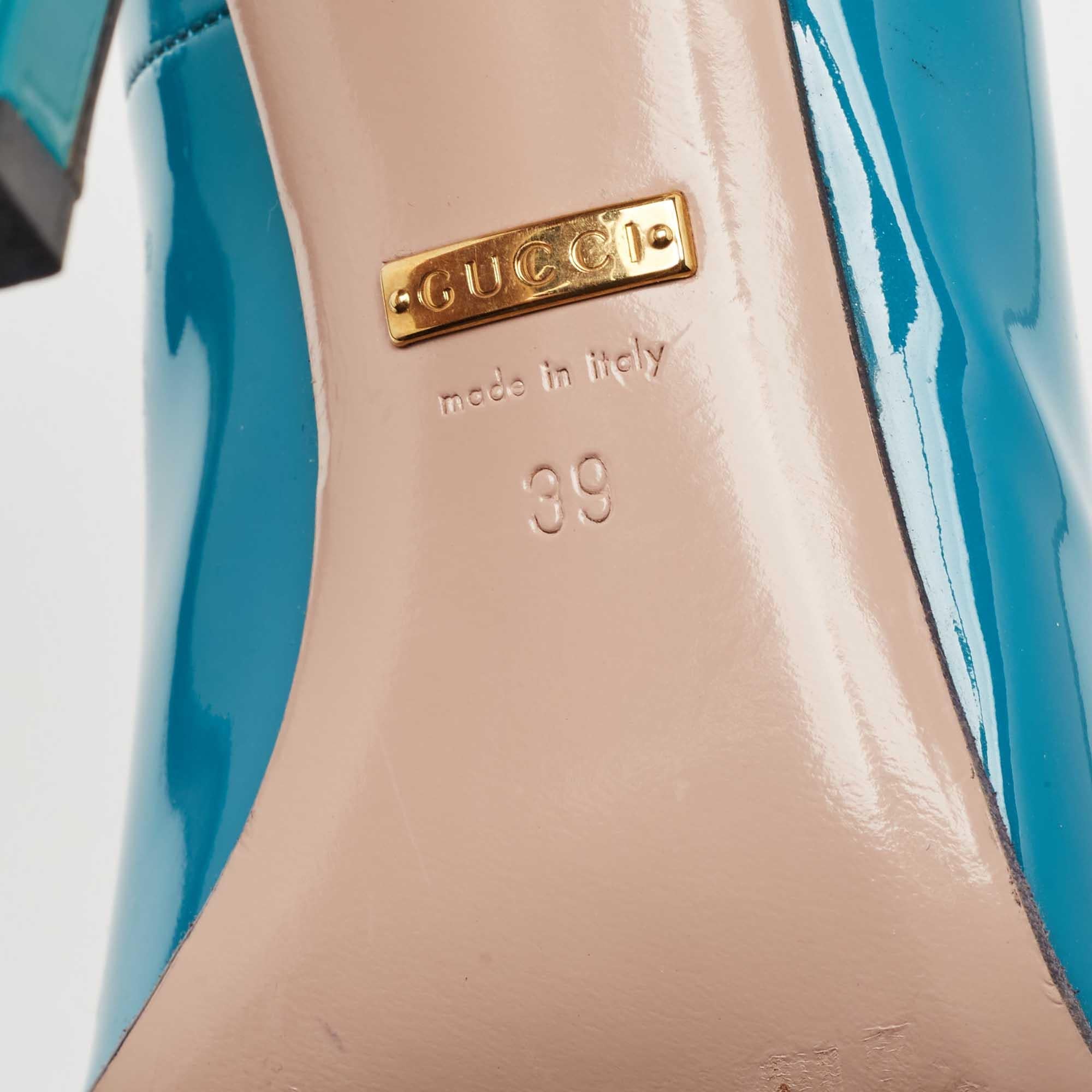 Gucci Teal Patent Leather Horsebit Peep Toe Pumps Size 39 2