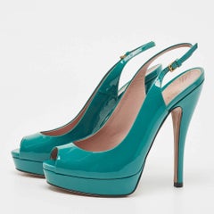 Gucci Teal Patent Leather Peep Toe Platform Slingback Pumps Size 37