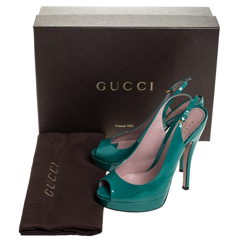 Blue Gucci Teal Patent Leather Sofia Platform Peep Toe Slingback Sandals Size 36
