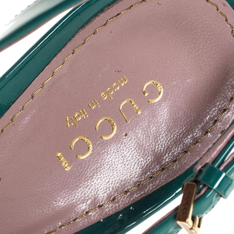 Women's Gucci Teal Patent Leather Sofia Platform Peep Toe Slingback Sandals Size 36
